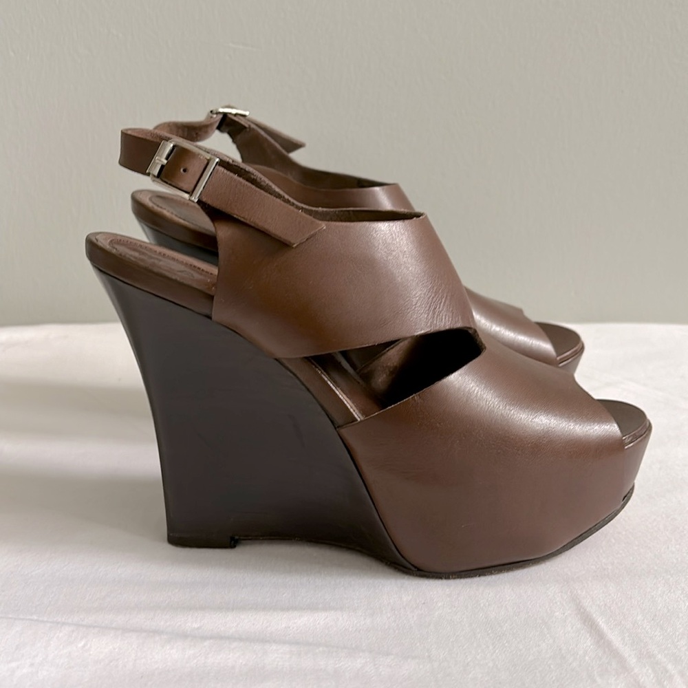Marni brown leather platform wedge peep toe sandal